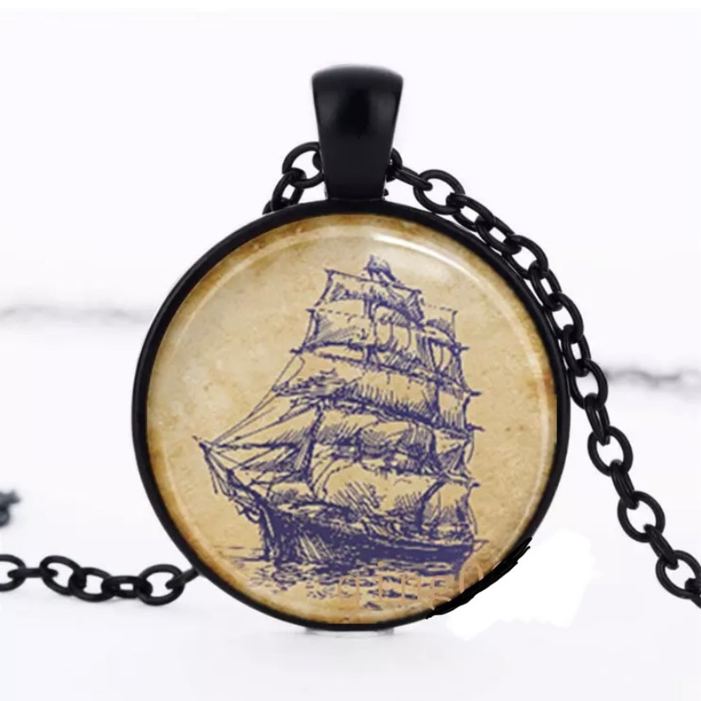 Ship black glass necklace